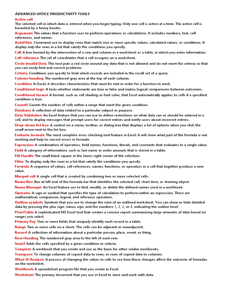 An Introduction To Advanced Office Productivity Tools And Key Excel