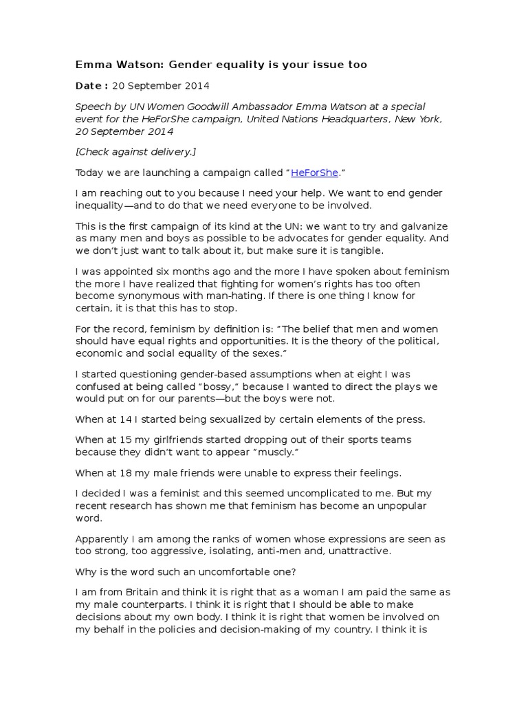 He For She Speech Watson Equality Rights Woman