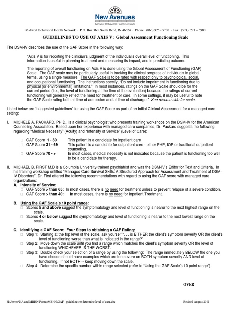 Gaf Guidelines To Determine Level of Care PDF Clinical Psychology