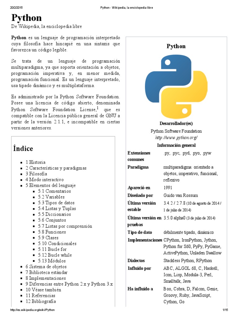 Python - Wikipedia, la enciclopedia libre.pdf | Python (lenguaje de ...