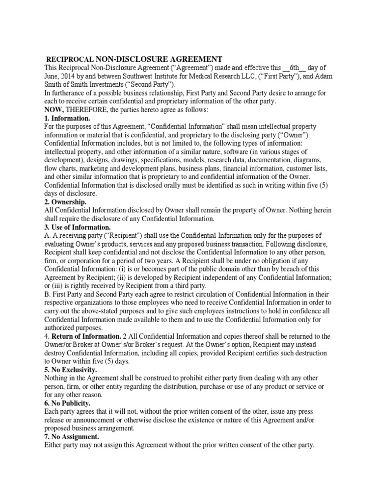 Reciprocal Non | PDF | Non Disclosure Agreement | Confidentiality