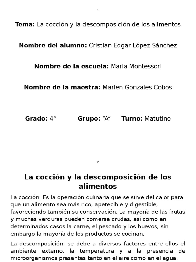 Coccion y Descomposicion de Los Alimentos | PDF | Cocinando ...