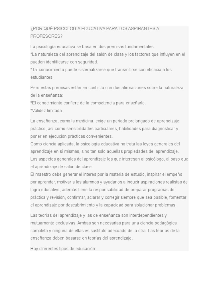 Importancia de la Psicología Educativa en Docencia | PDF | Aprendizaje ...
