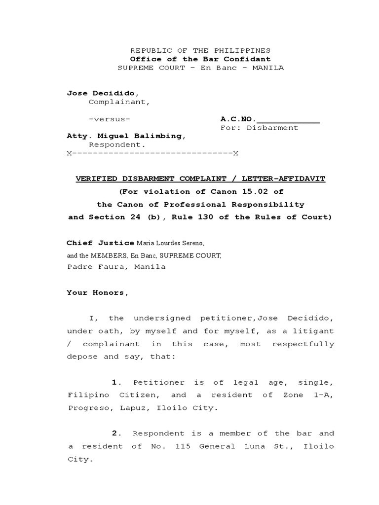 Verified Disbarment Complaint Against Atty. Balimbing | PDF | Complaint ...