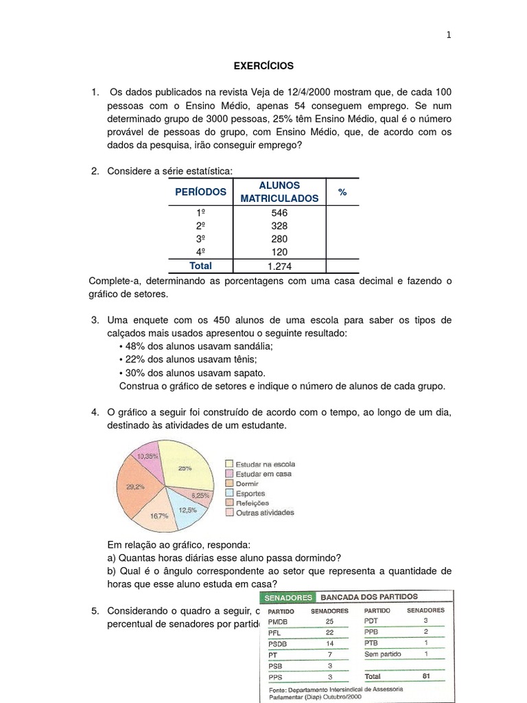 Exercícios de Estatística e Probabilidade com Gráficos de Setores | PDF ...