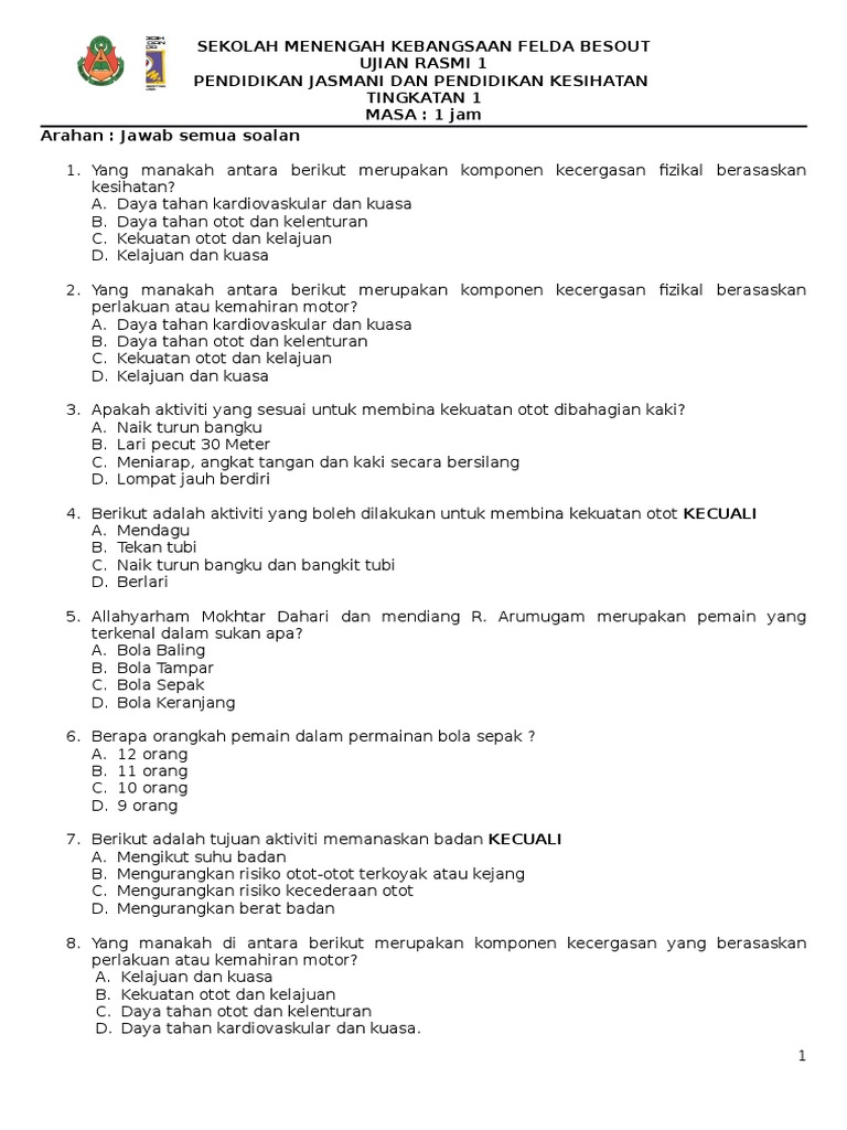 soalan ujian 1 pjpk tingkatan 1 2015