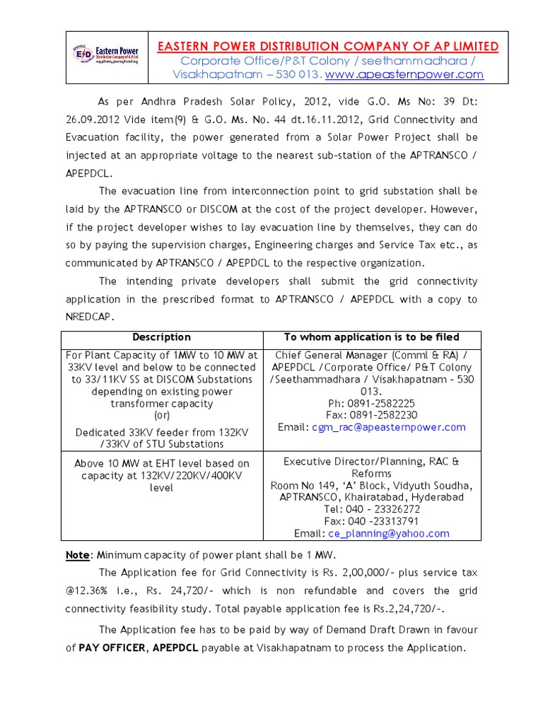 Solar Power Plant Application Apepdcl PDF Electrical Substation