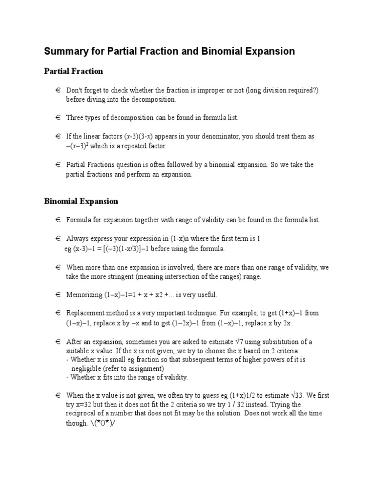 Partial Fraction and Binomial Expansion Summary | PDF