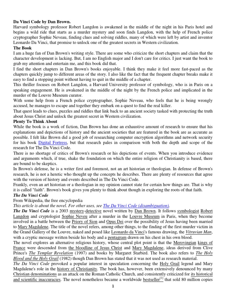 Da Vinci Code by Dan Brown. Digital Fortress PDF Religion And Belief