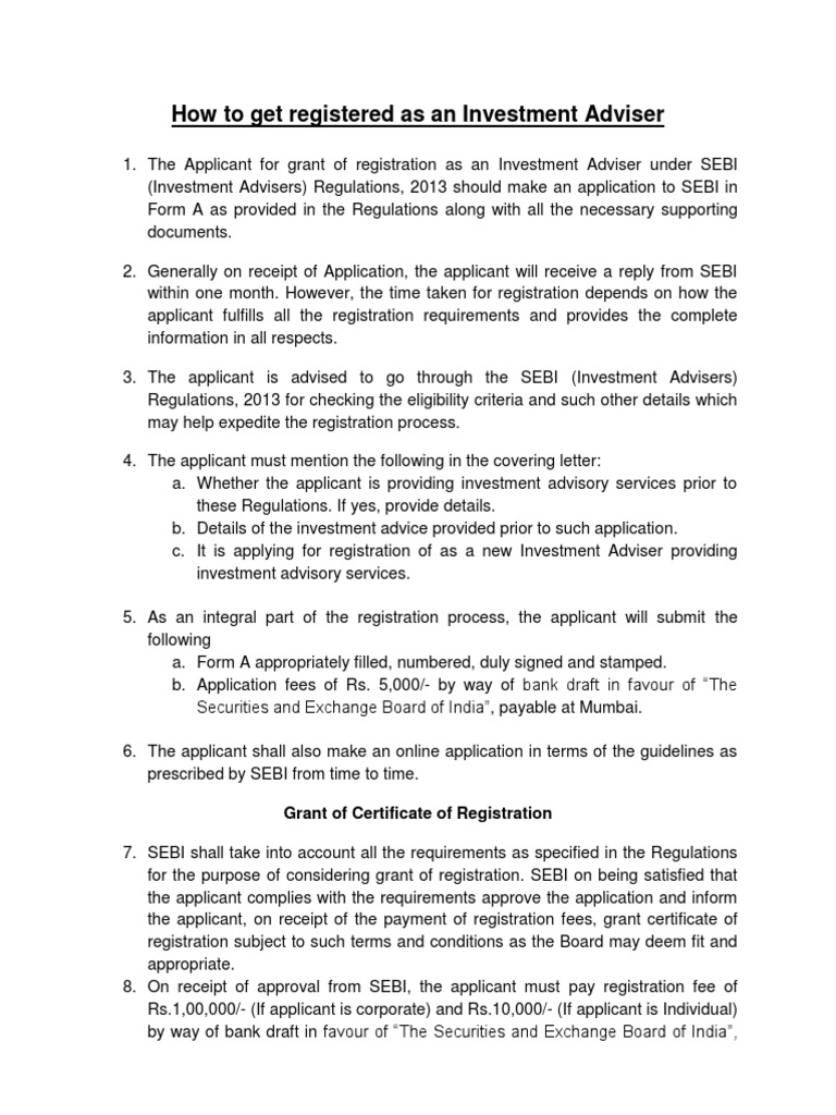 SEBI Investment Adviser Registration Guide | PDF | Financial Adviser ...