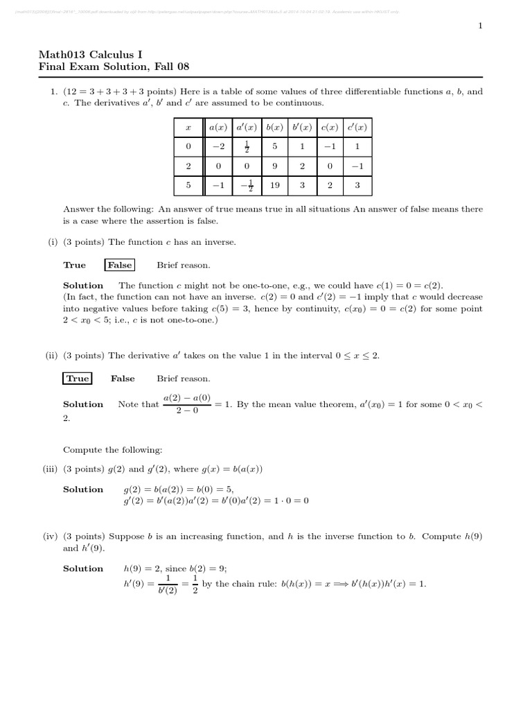 Math013 Calculus I Final Exam Solution, Fall 08 | PDF | Function ...