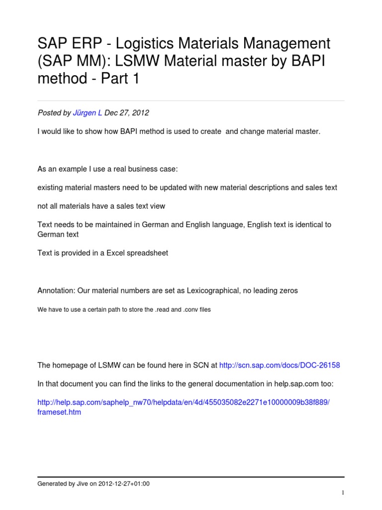 SAP MM LSMW BAPI Material Master Guide | PDF | Computers