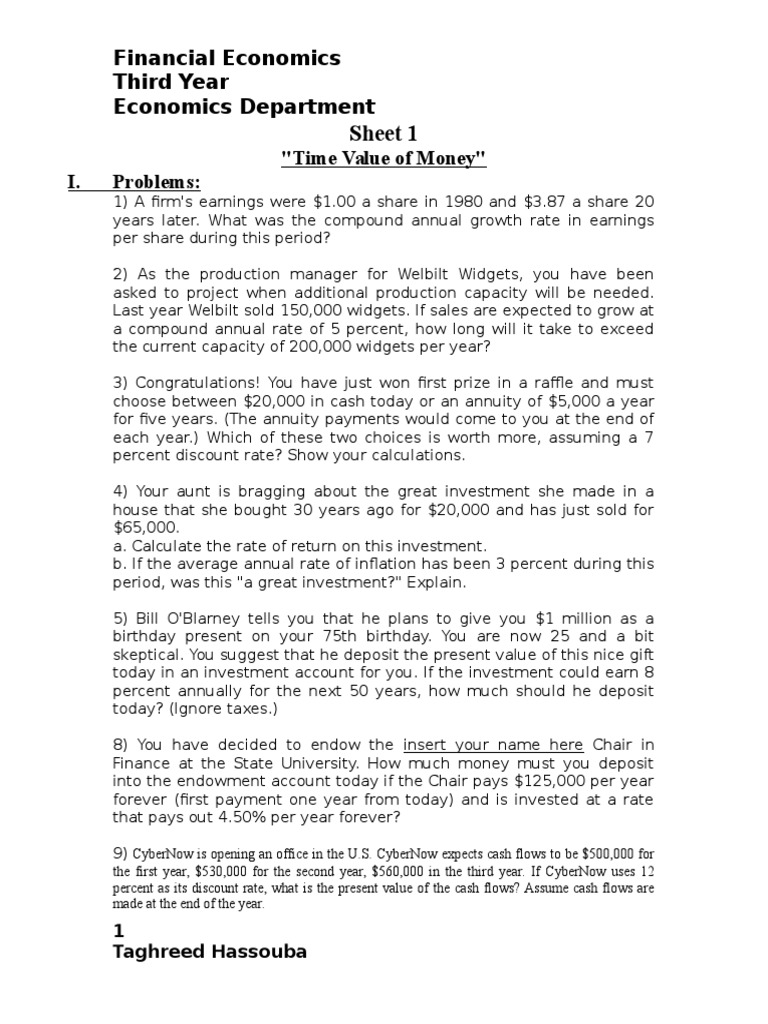 Sheet 1 Time Value Of Money Present Value Interest