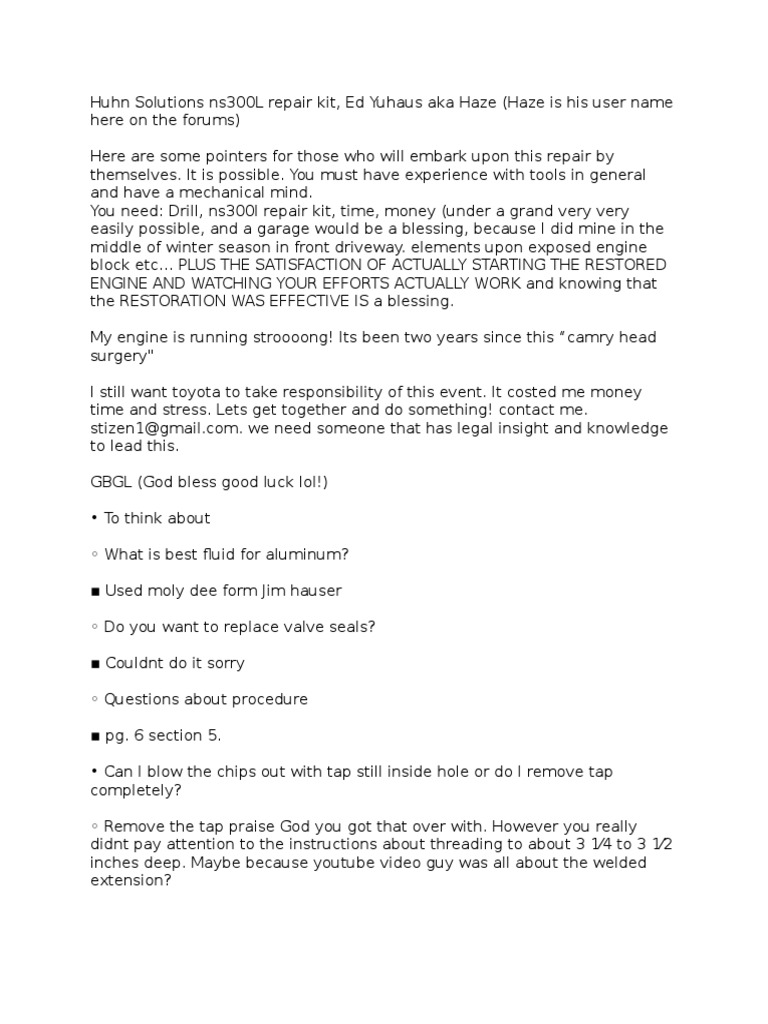 Huhn Solutions Repair Kit, 2004 Toyota Camry Head Bolt Failure PDF