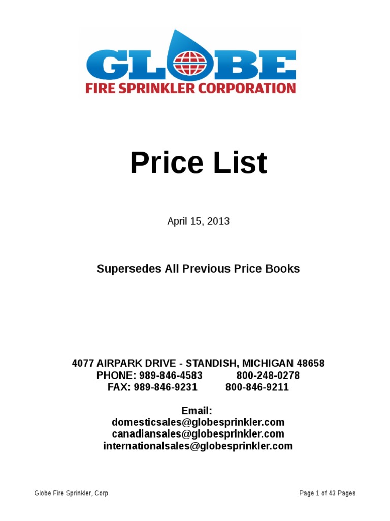 Globe Sprinkler List PriceBook PDF Paint Fire Sprinkler System