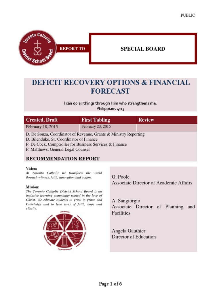 Deficit Recovery Plan for TCDSB | PDF | Government Budget Balance ...