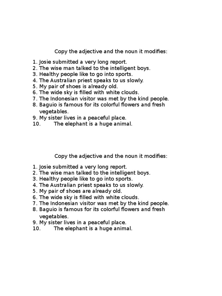 Adjectives and Nouns Exercise | PDF | Adjective | Syntax