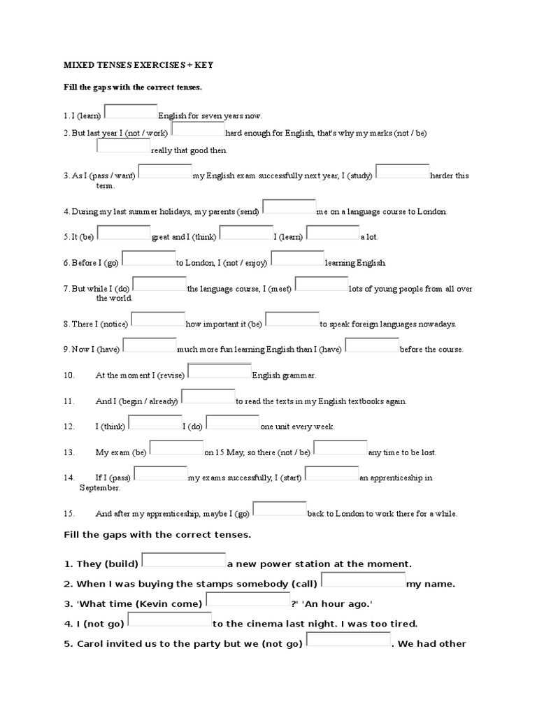 English Mixed Verb Tenses Exercises