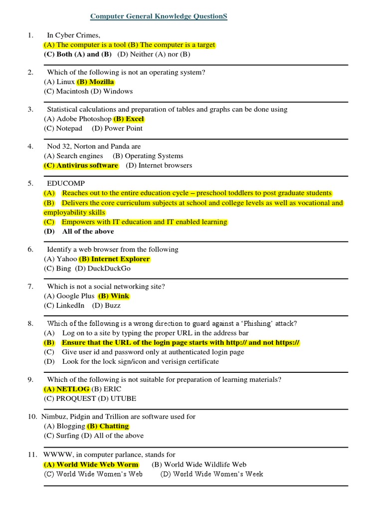 Computer General Knowledge QuestionS | PDF | Computer Data Storage ...