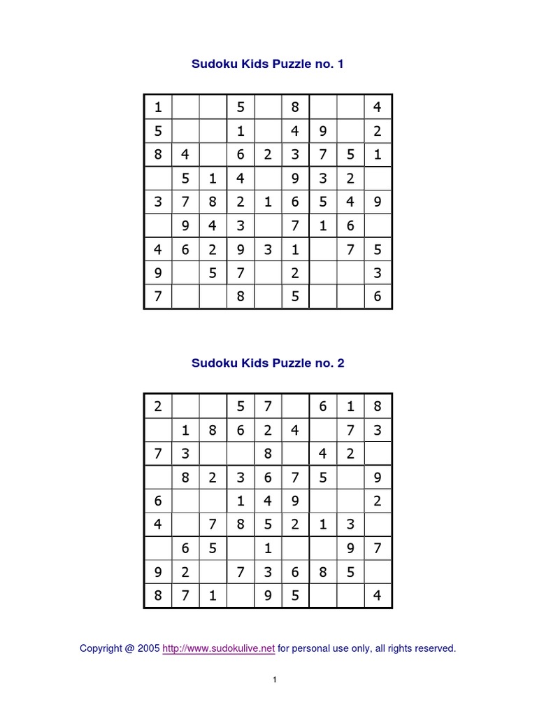sudoku kids puzzle no 1 for personal use only all