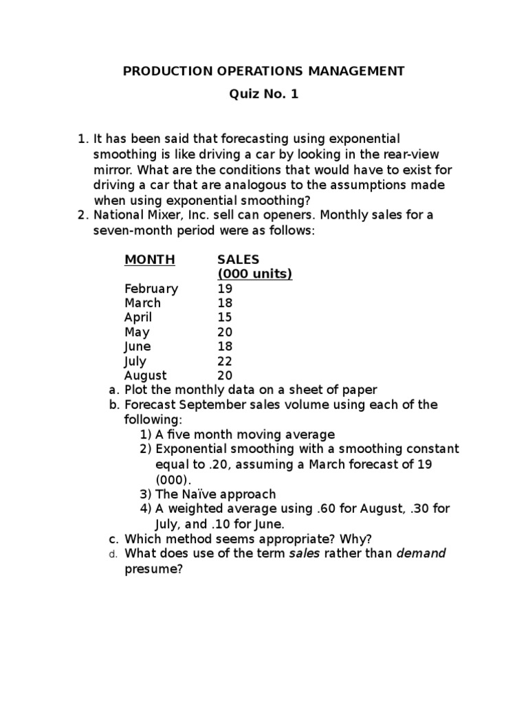 Production Operations Management Quiz No. 1 | PDF | Business | Finance ...