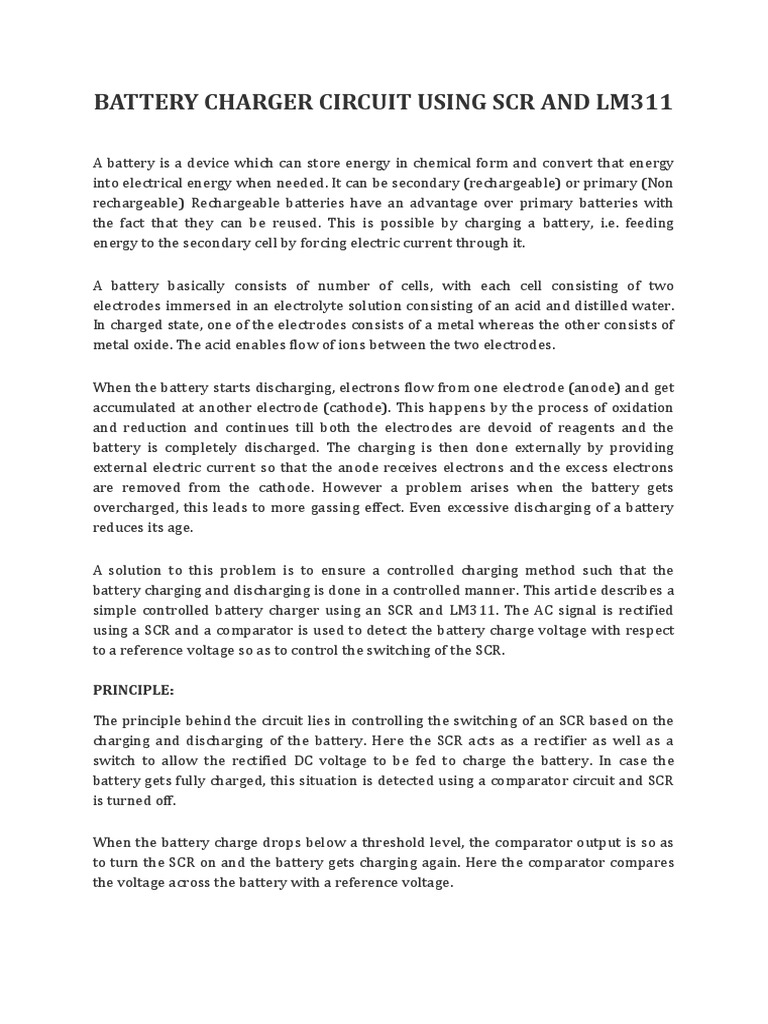 Battery Charger Circuit Using SCR and Lm311 Principle PDF Battery