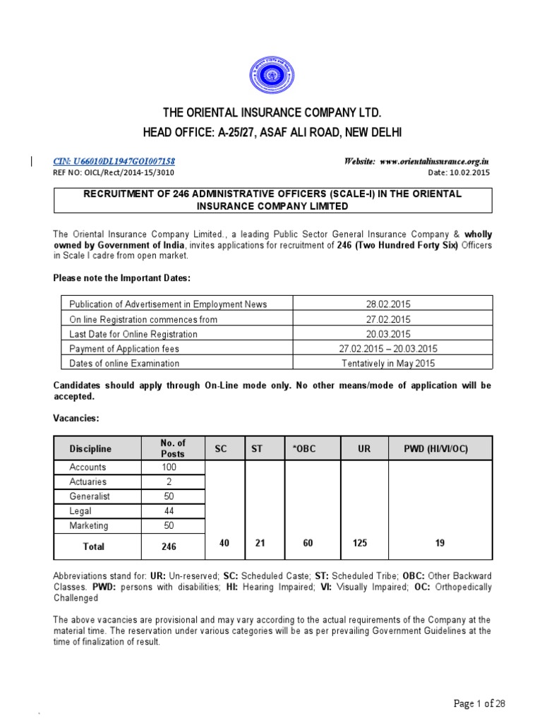 The Oriental Insurance Company Ltd. Head Office A25/27, Asaf Ali Road