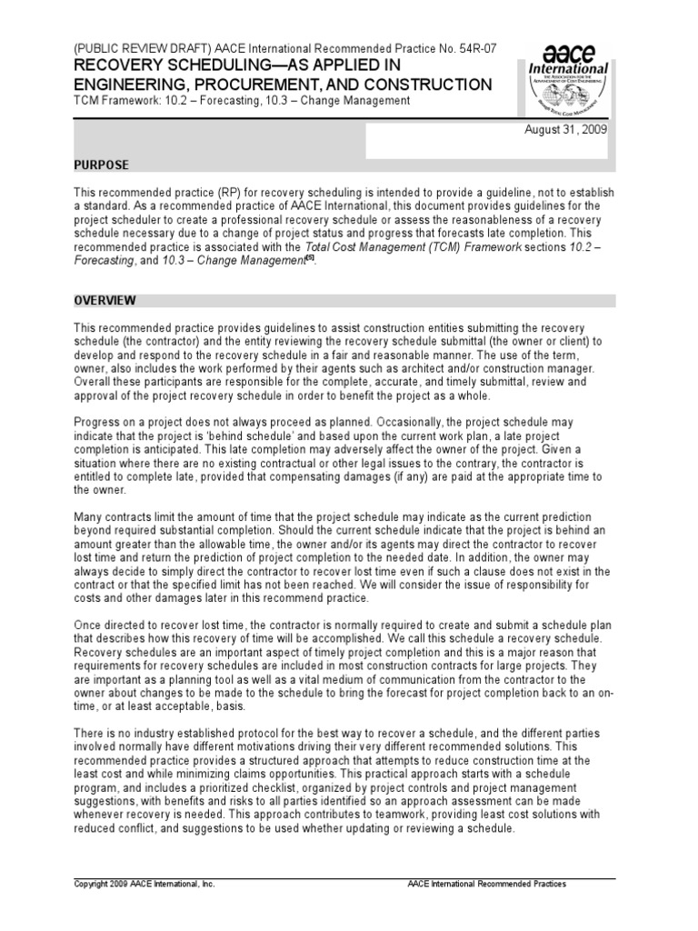 Recovery Schedule General Contractor Recovery Approach