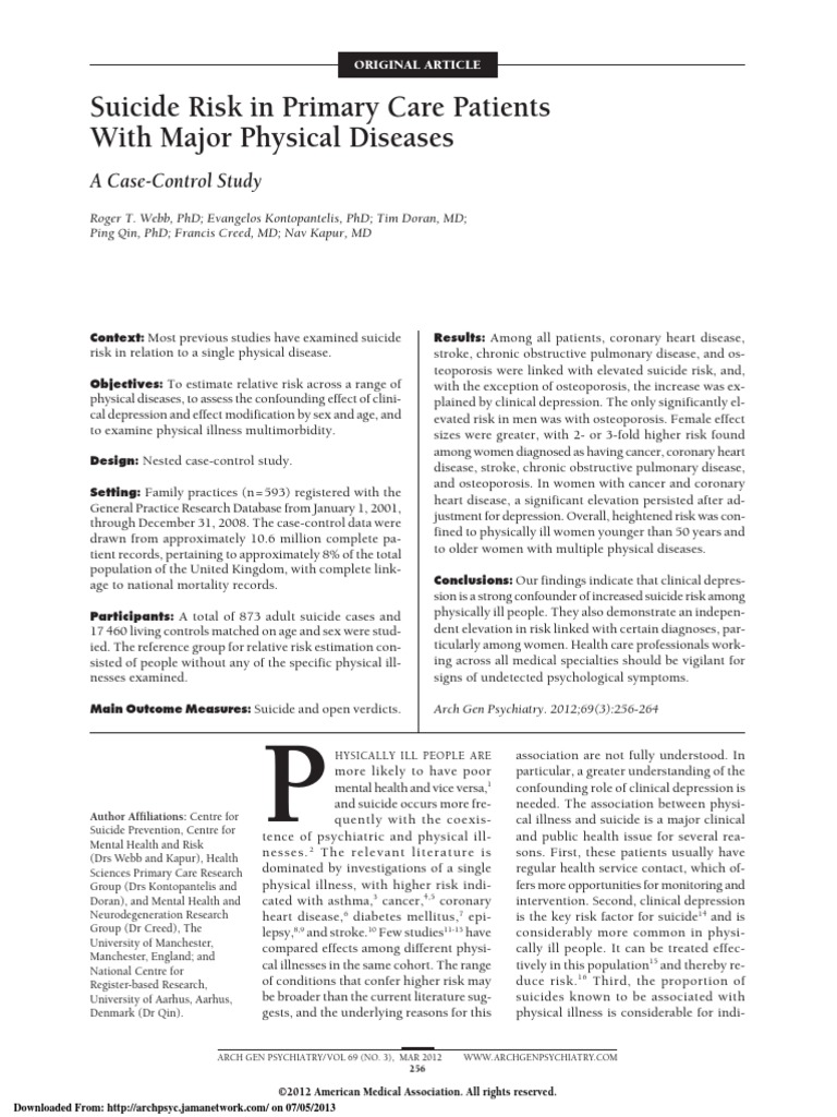 Suicide Risk in Primary Care Patients With Major Physical Diseases ...
