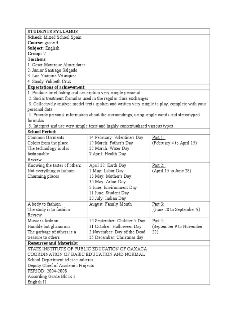 Syllabus for Grade 4 English Class | PDF | Language Arts & Discipline