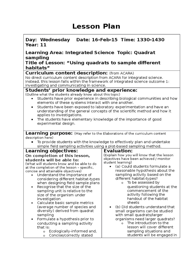 lesson plan 11scig quadrat sampling | Scientific Method | Science