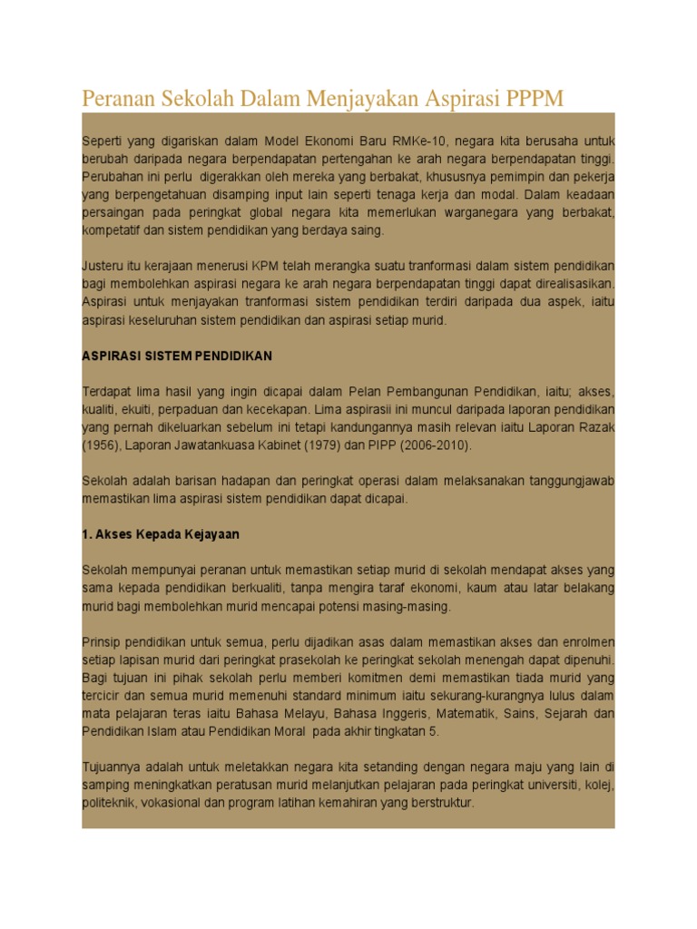 Peranan Sekolah Dalam Menjayakan Aspirasi Pppm Pdf