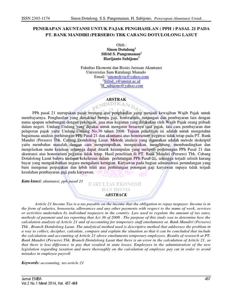 Penerapan Akuntansi Untuk Pajak Penghasilan Pph Pasal 21