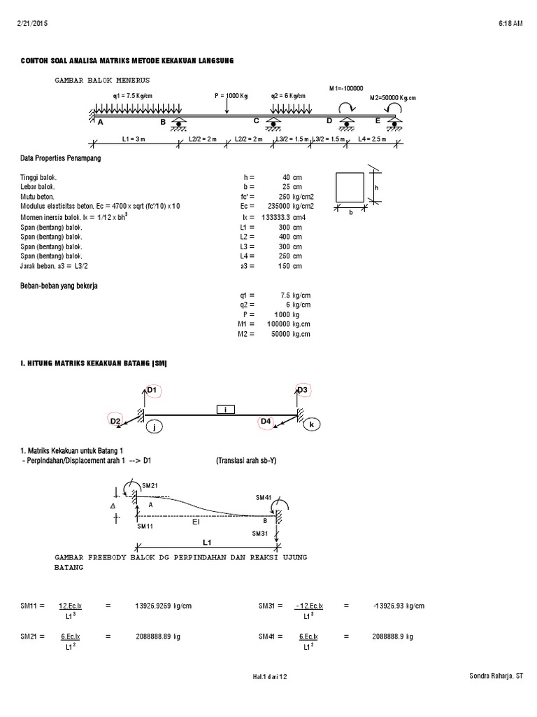 Contoh Soal Analisa Matriks Kekakuan Langsung Balok Menerus