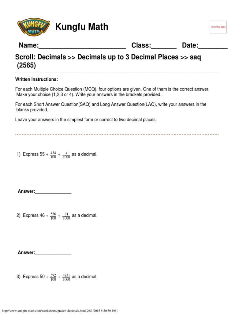Singapore Math Worksheets Grade 4 Decimals Teaching Mathematics Learning