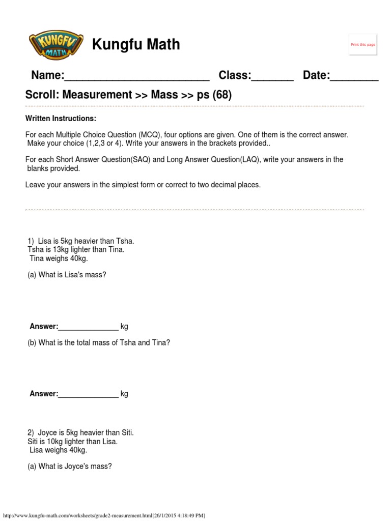 Singapore Math Worksheets Grade 2 Measurement Teaching Mathematics Further Education