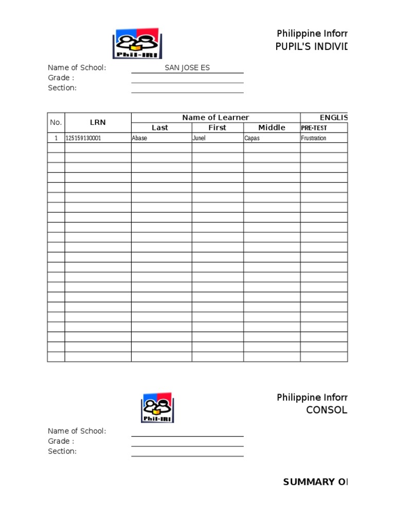 2014 Phil-Iri Excel Template | PDF | Applied Psychology | Cognitive Science