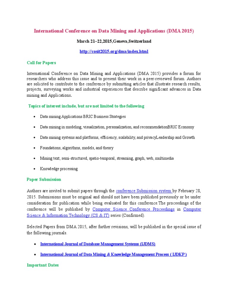 International Conference On Data Mining and Applications (DMA 2015) | PDF