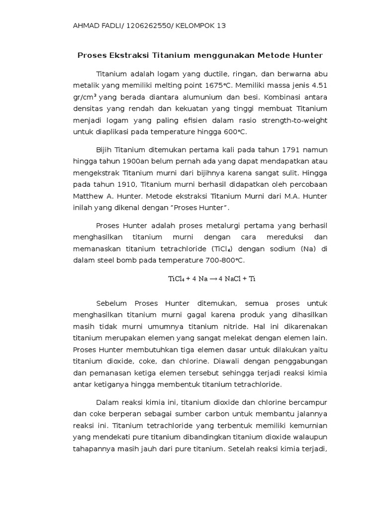 Proses Hunter dalam Ekstraksi Titanium | PDF