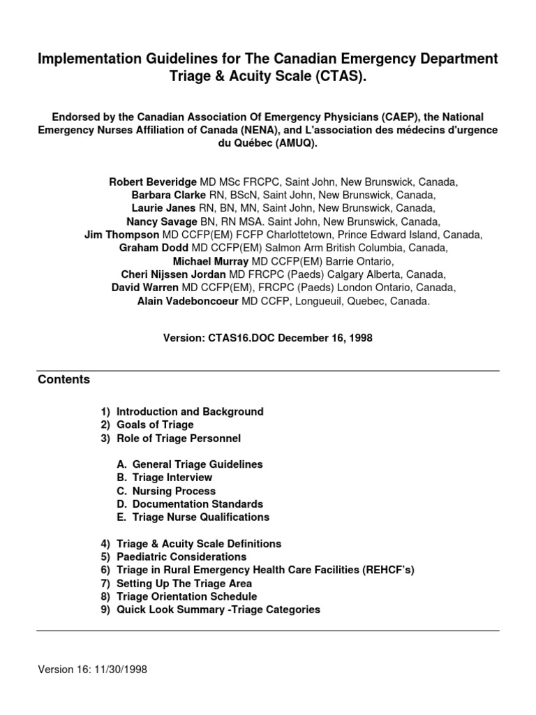 Canadian Triage Acuity Scale Ctas Emergency Department Pain