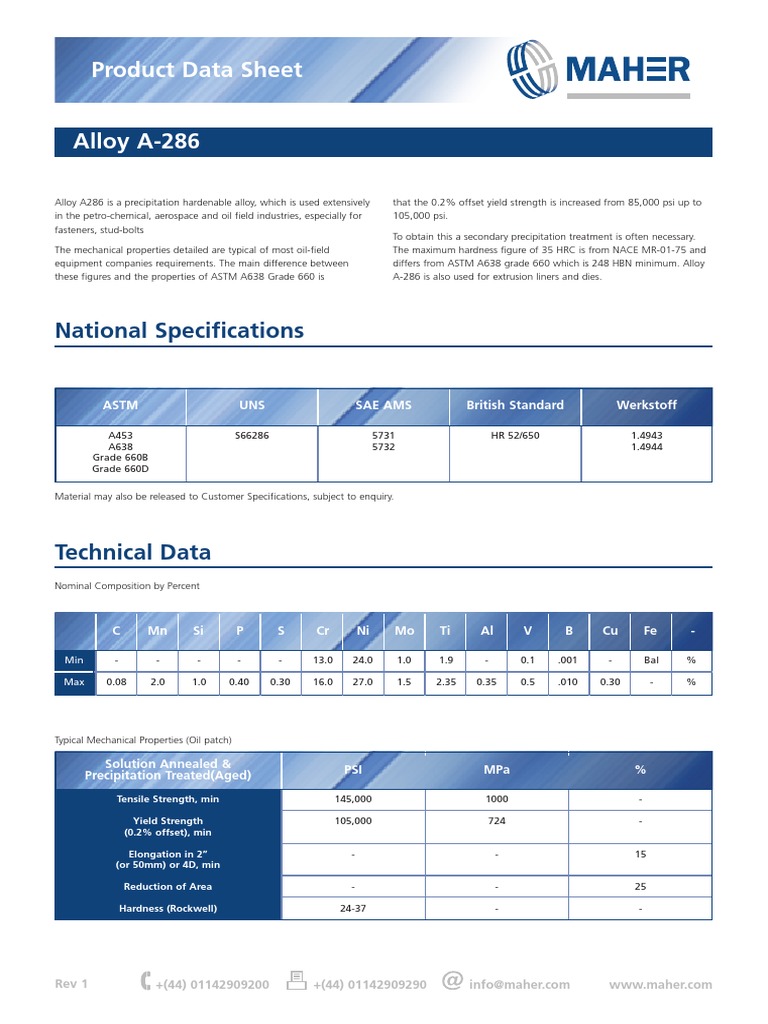A-286 Alloy Technical Data Sheet | PDF