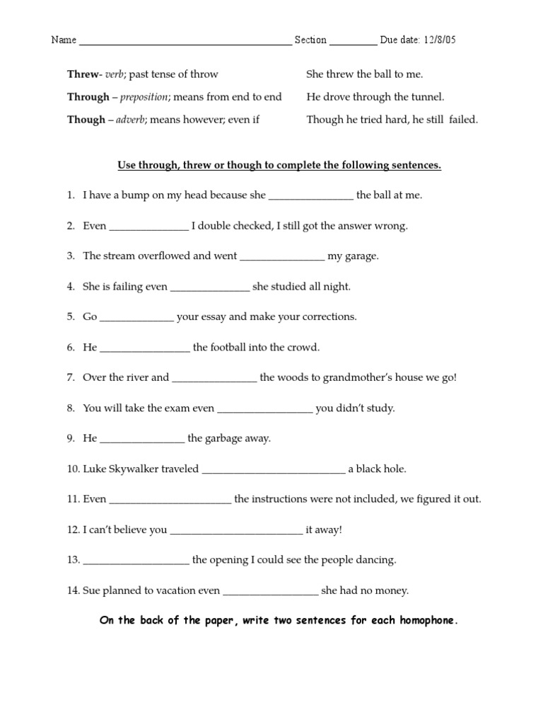 Threw Through Homophones Worksheet PDF Verb Morphology