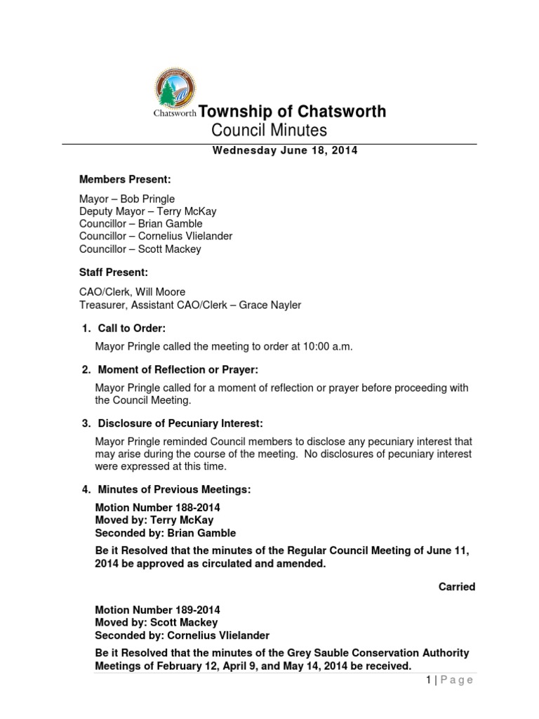Township of Chatsworth Council Minutes PDF Government Public Sphere