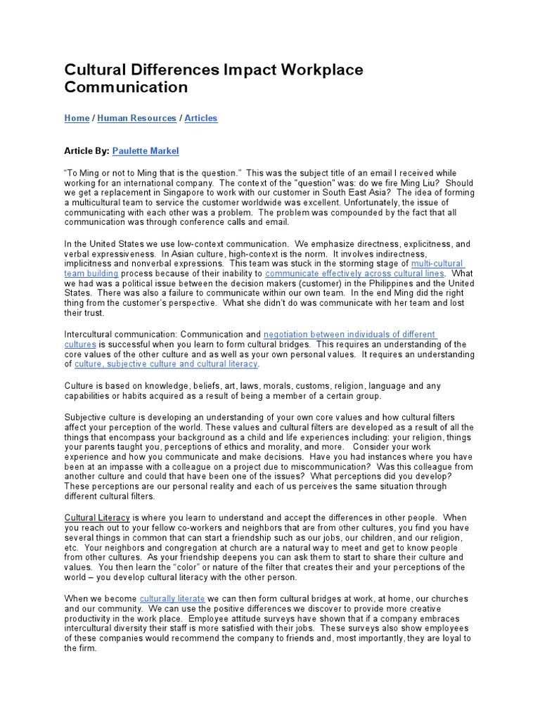 Cultural Differences Impact Workplace Communication | PDF | Value ...