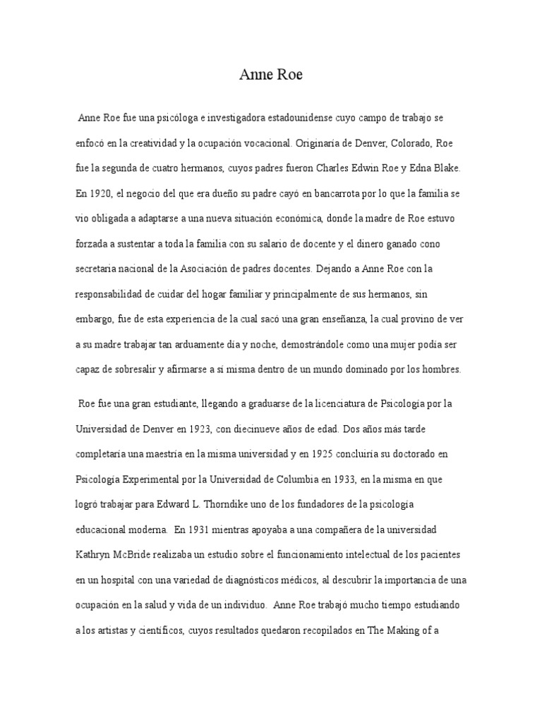 Anne Roe: Pionera en Psicología Vocacional | PDF | Sicología | Salud y ...