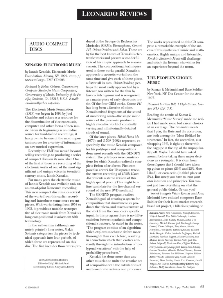 Xenakis, Leonardo Electronic Music PDF Electronic Music Musical