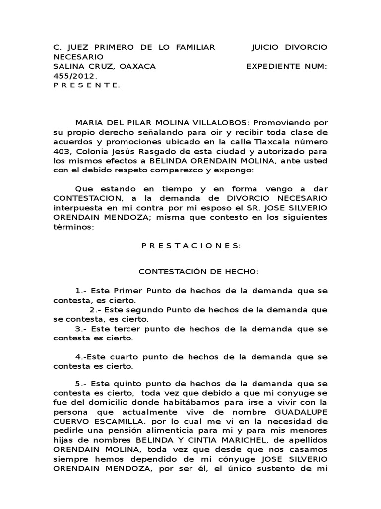 Contestacion Demanda Ejecutiva Mercantil  Divorce  Lawsuit