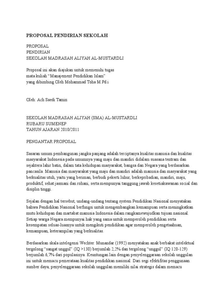 Contoh Proposal Pendirian Sekolah Aliyah