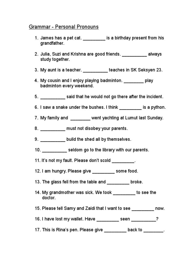 Personal Pronouns Grammar Exercises | PDF