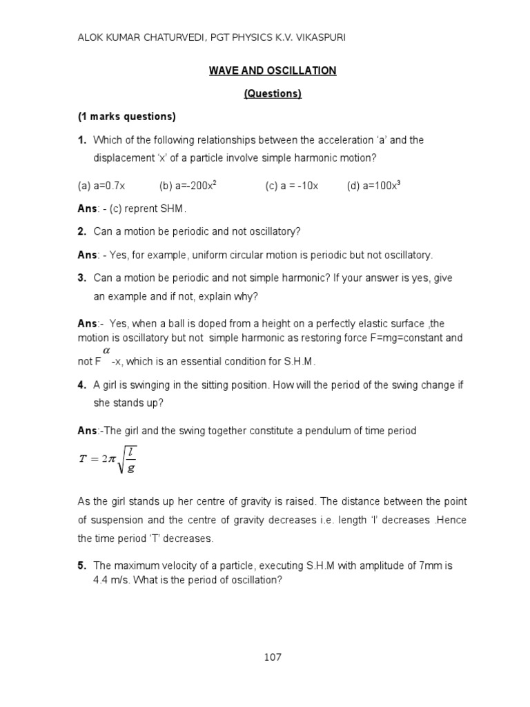 Wave and Oscillation Questions PDF Gases Waves
